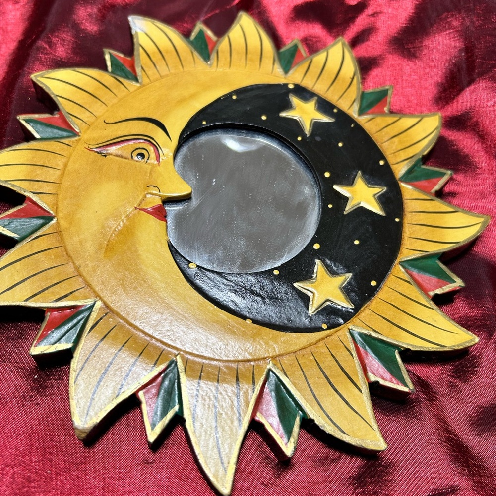 Vintage celestial sun,  moon and stars wood mirror celestial folk art- preloved